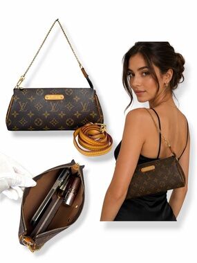 Louis Vuitton Brown Monogram Pochette Eva with Gold-Tone Chain and Tan Strap